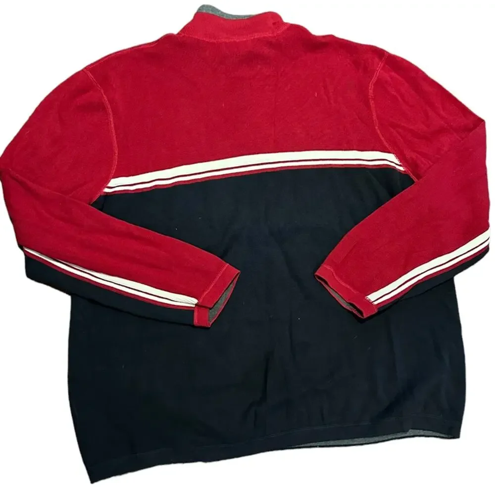 Eddie Bauer Mens XXL Red and Navy Quarter Zip Sweater 100% Cotton